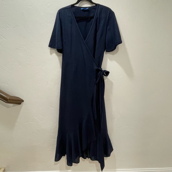 J.McLaughlin Aurora Linen Blend Navy True Wrap Dress Women’s Medium - Picture 3 of 15